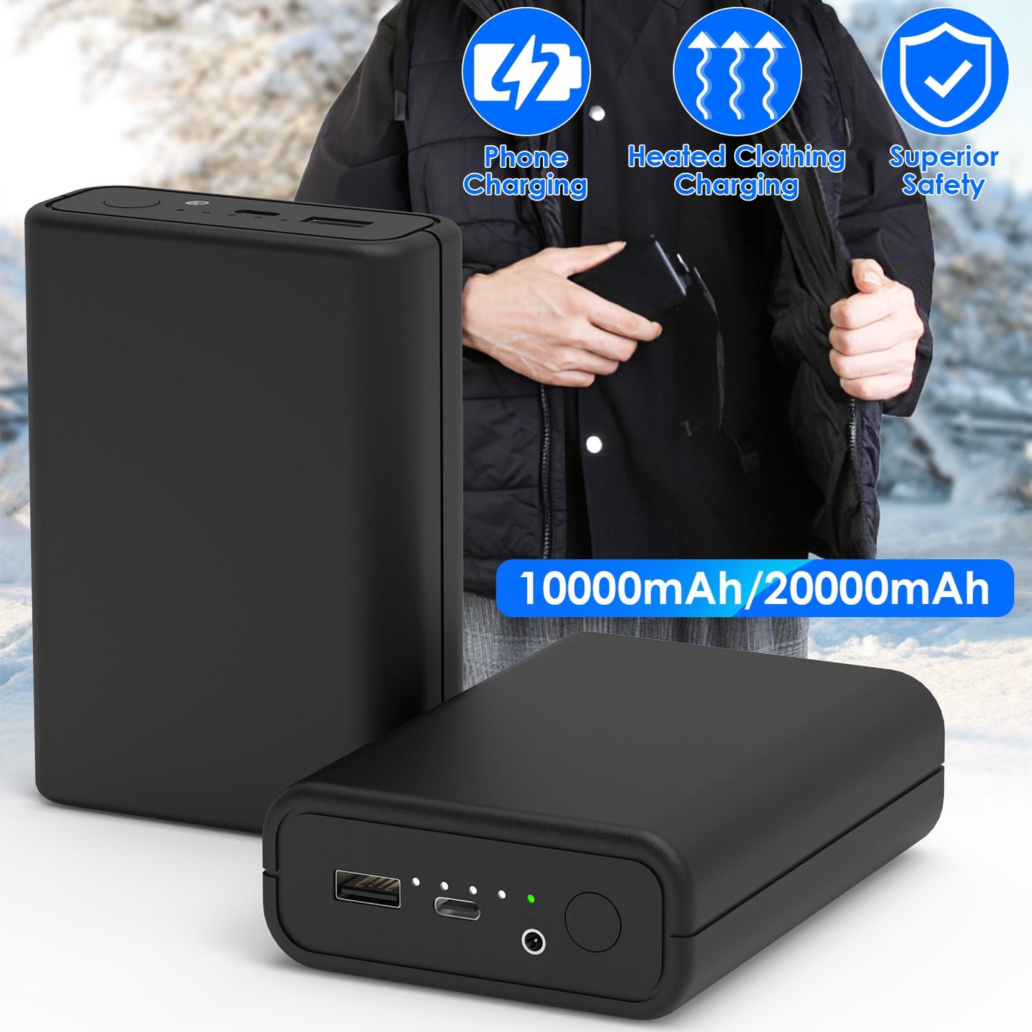 1Pc 10,000mAh OR 20,000mAh 5V 2A Power Bank For Heated Jackets Vests Pants Gloves Scarves DC 7.4V 2A Heated Clothing Replacement Battery Pack For Men Women