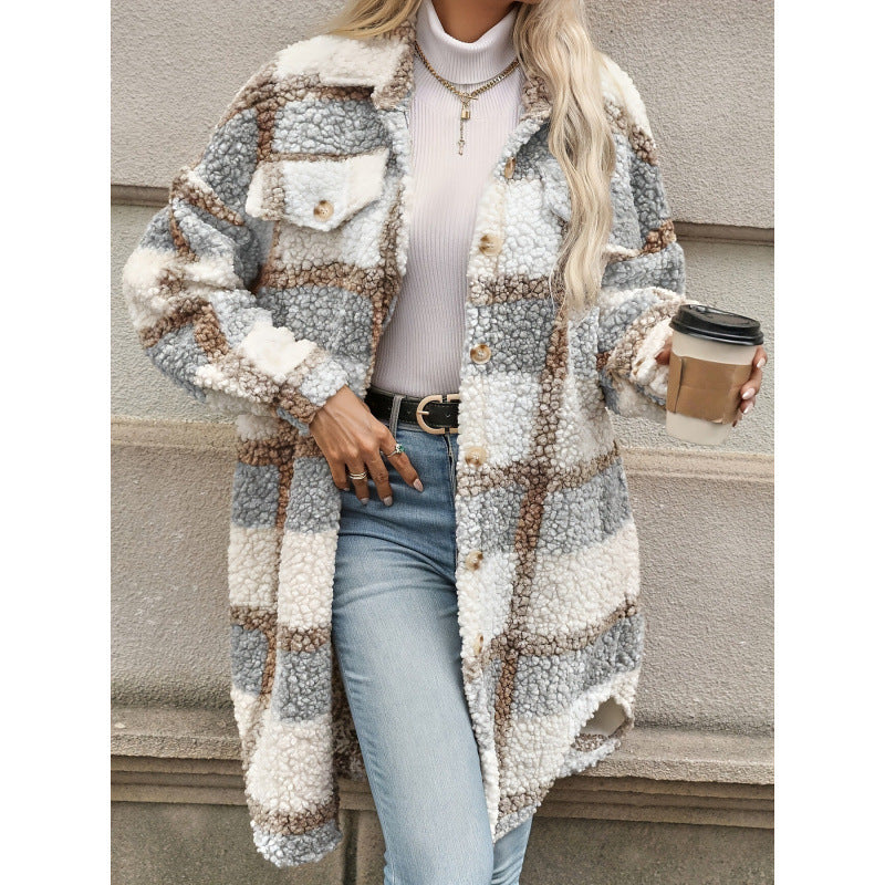 Lapel Colorblock Plaid Jacket New Design Sense Padded Coat Women's Clothing